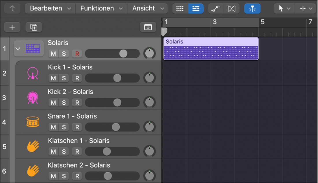 Drum Machine Designer-Spurstapel mit Pattern-Region, die leere Unterspuren aufweist