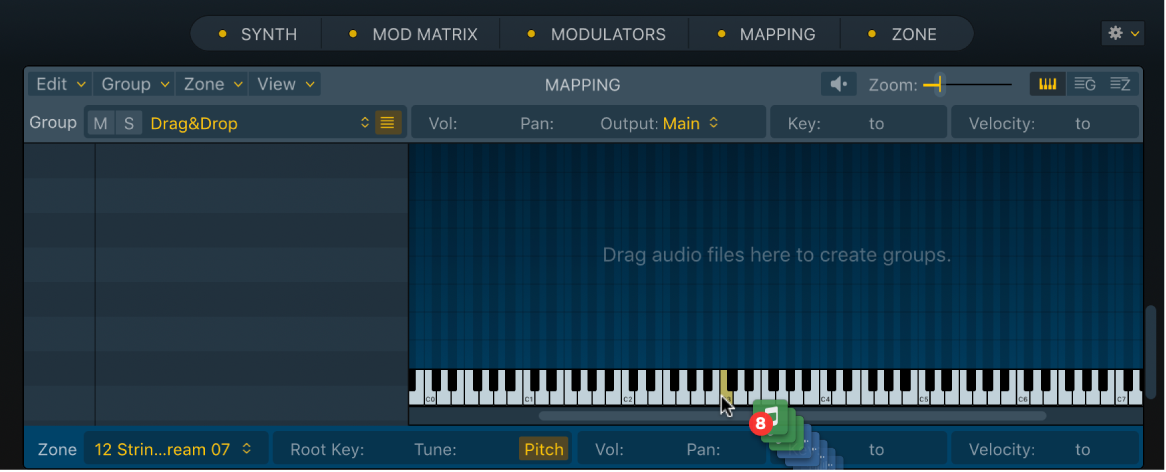 Abbildung. Key Mapping Editor mit Audiodateien, die auf eine Taste bewegt werden.