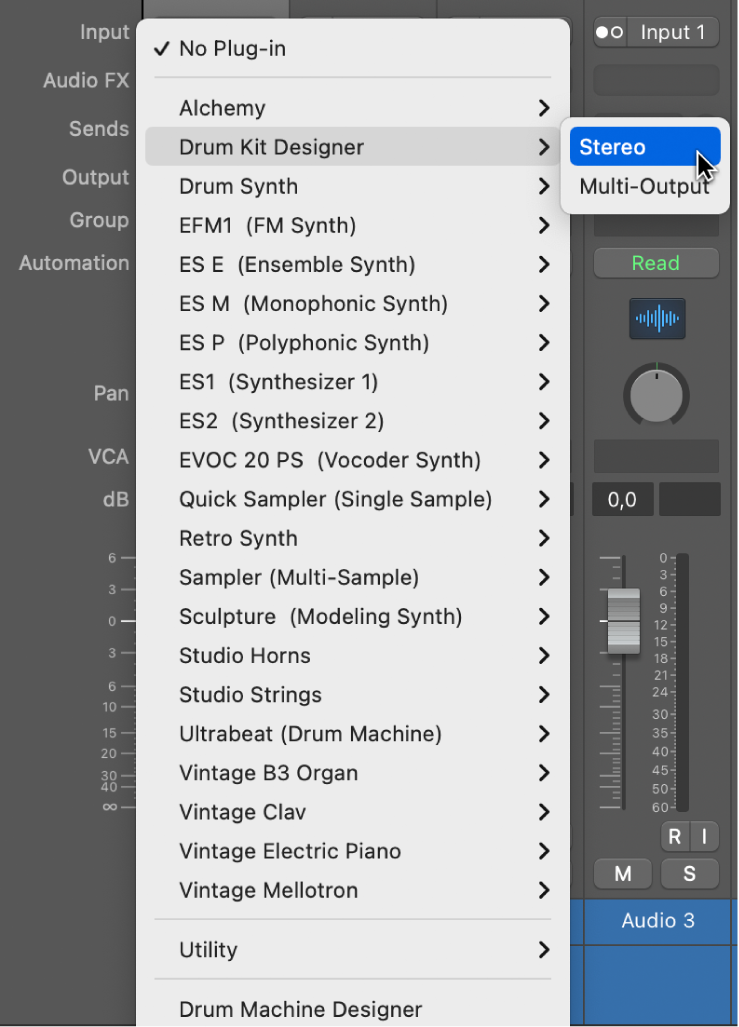 Figure. Choosing an instrument from the pop-up menu.