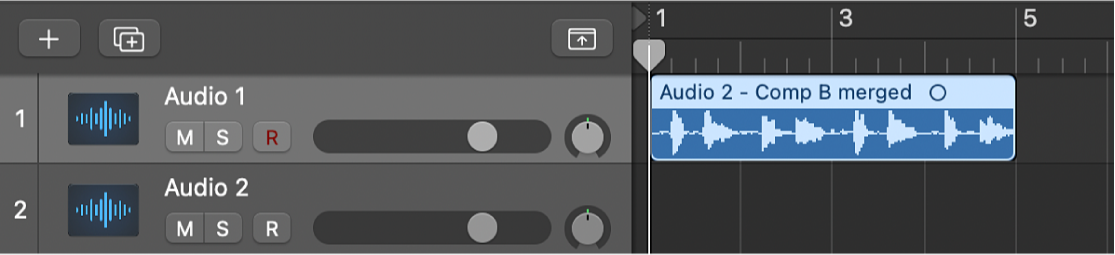 Figure. Showing the flattened take folder, with the resulting regions merged on an audio track.