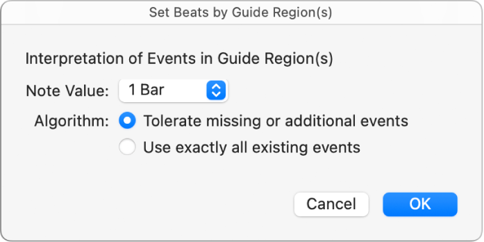 Figure. Set Beats by Guide Regions dialog.