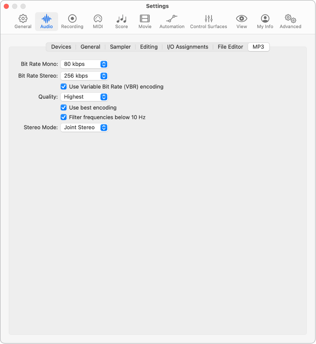 Figure. MP3 settings.