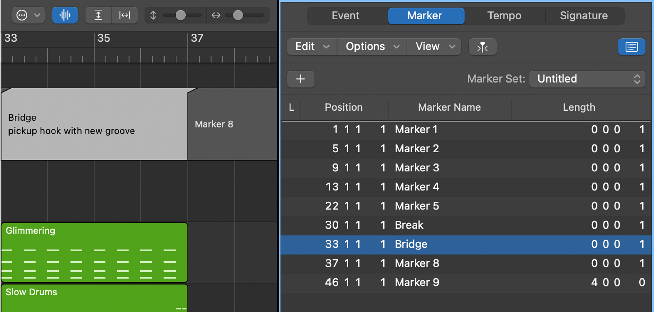 Figure. Marker List showing first line of text in Marker Text area being used as marker name.