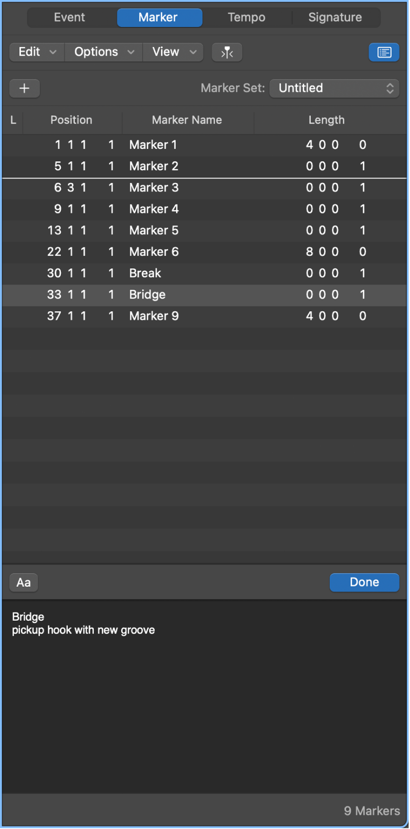 Figure. Marker List showing marker being renamed.