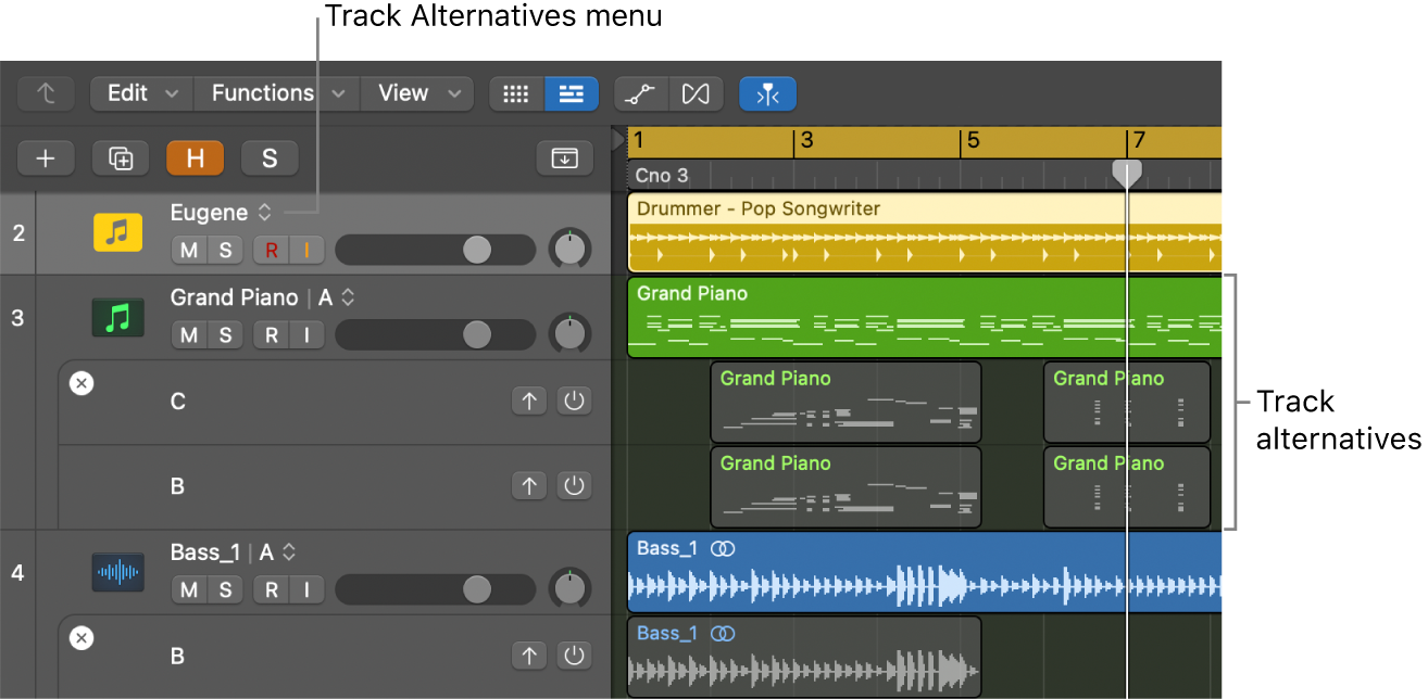 Figure. Tracks area showing multiple track alternatives, with track alternatives menu visible in track headers.