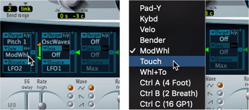 Figure. Via modulation source pop-up menu.