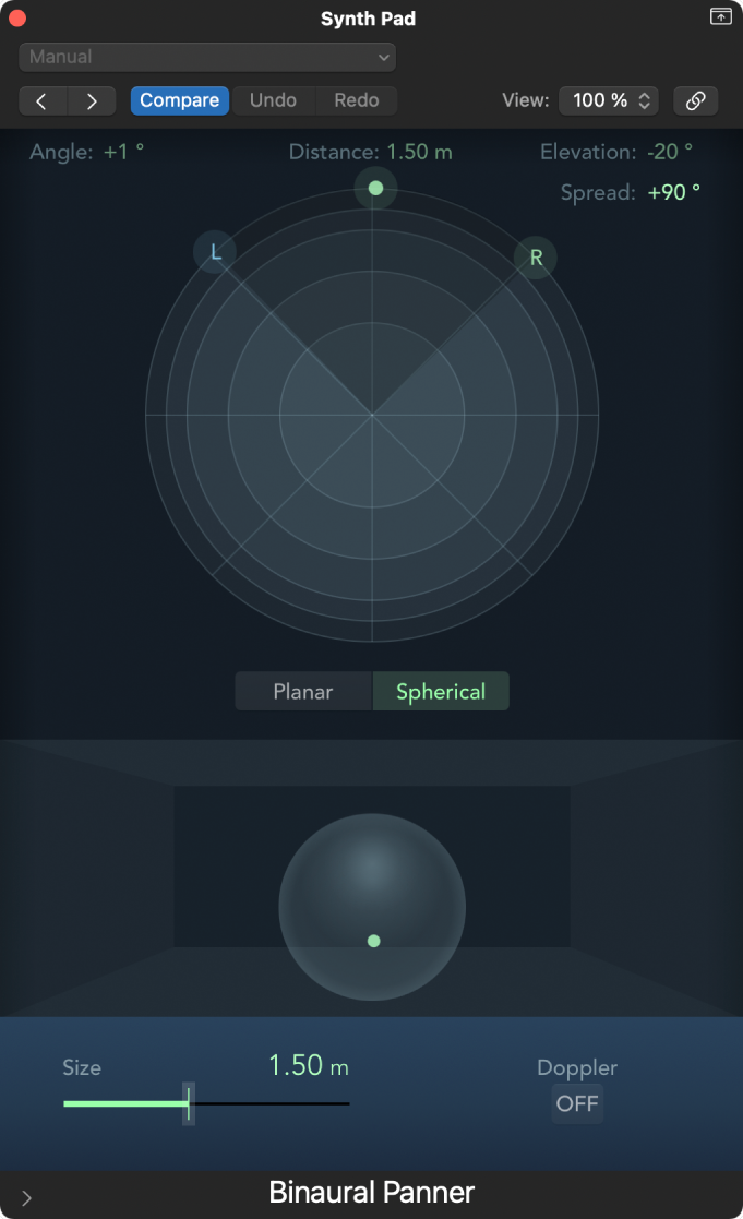 Figure. Spherical mode in the Binaural Panner window.