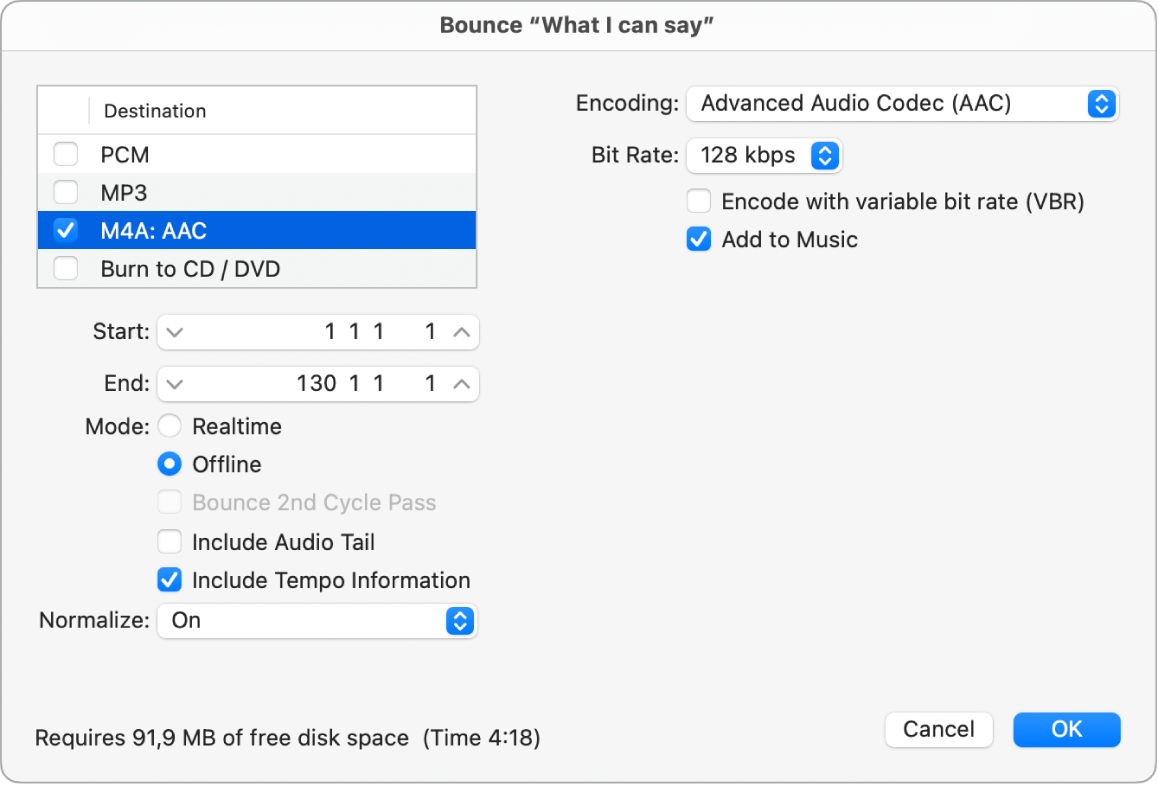 Figure. M4A AAC Format options in the Bounce window.