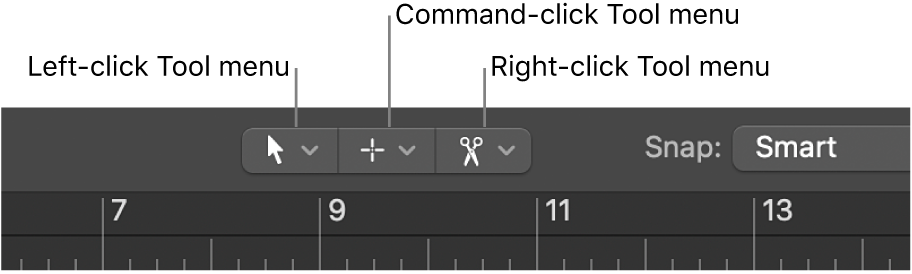 Figure. Left-click, Command-click, and Right-click Tool menus in the Arrange area.