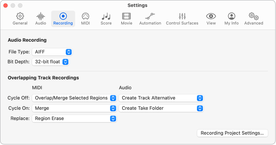 Figure. Recording settings.