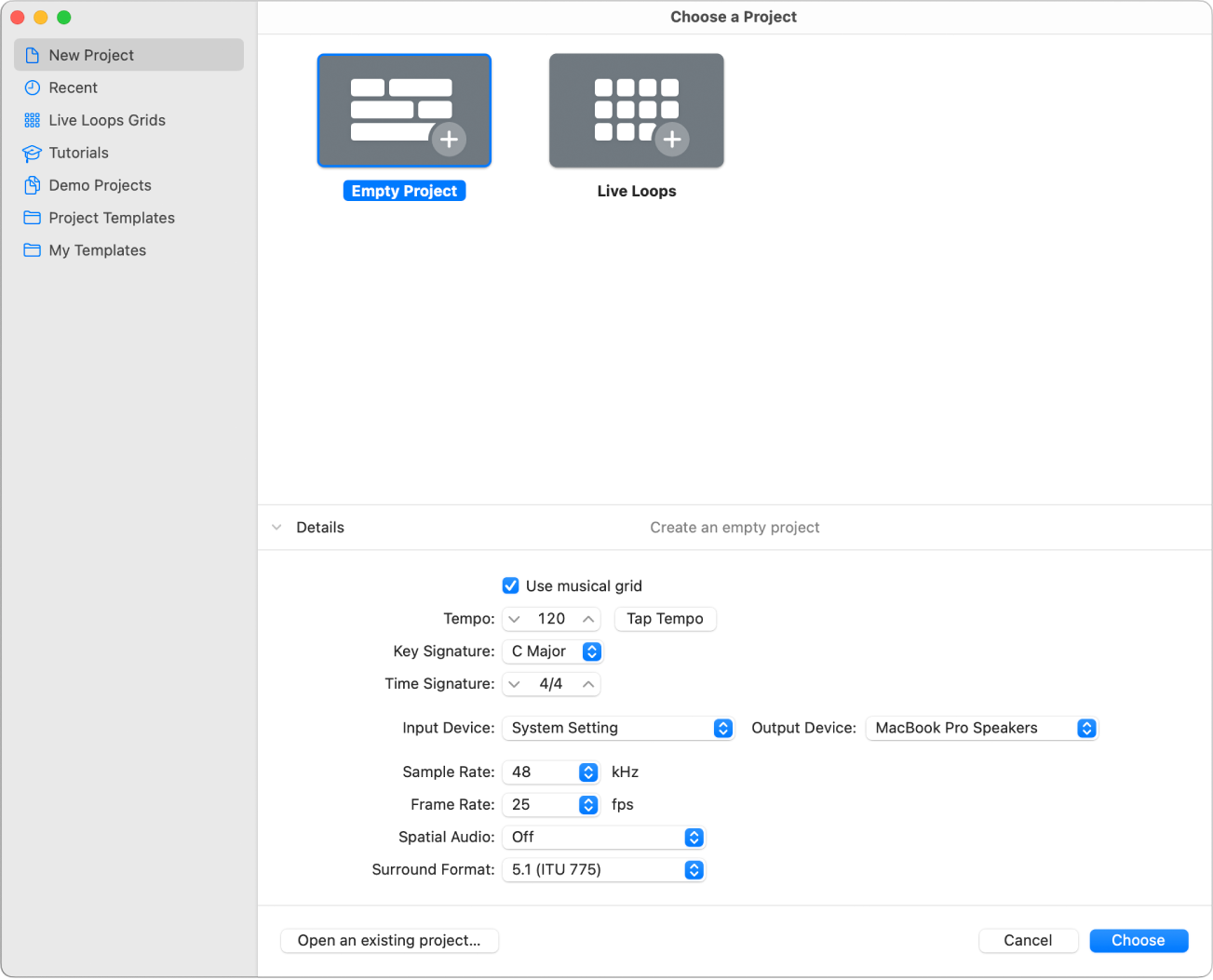 Figure. Details in the lower half of the Project Chooser, for setting project properties.