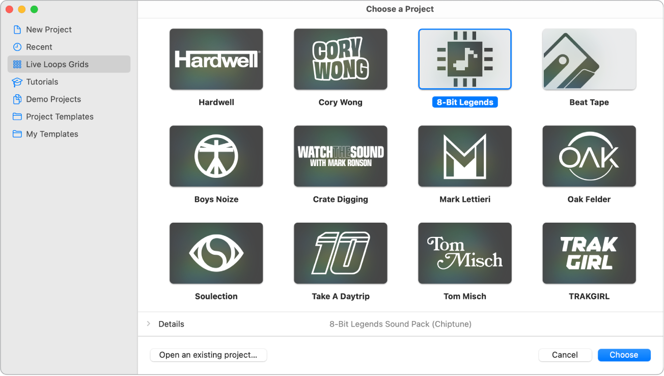 Figure. Project Chooser showing Live Loops grids.