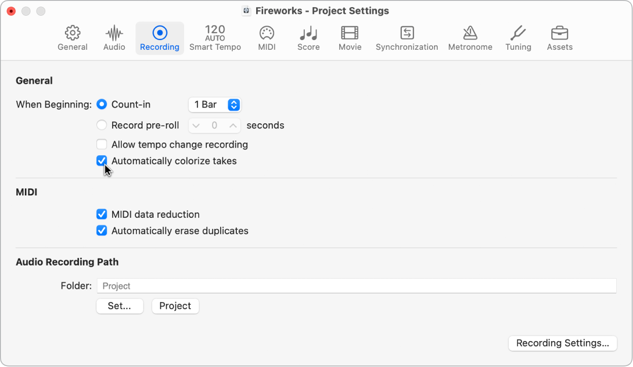 Figure. Selecting Auto-Colorize Takes in the Recording project settings pane.