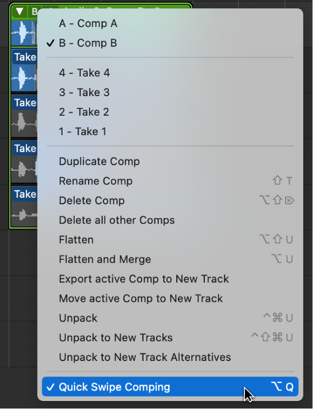 Figure. Selecting Quick Swipe Comping in the pop-up menu.