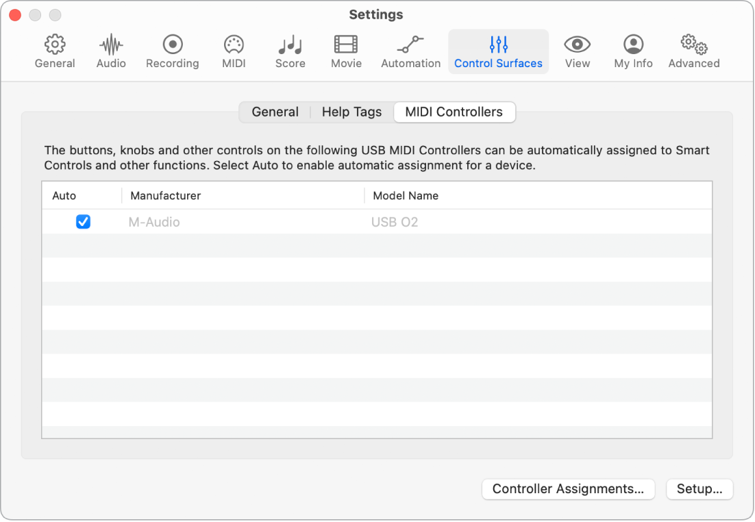 Figure. MIDI Controllers settings.