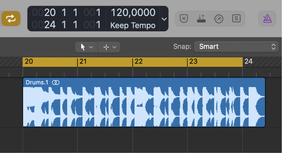 Figure. Tracks area showing locator range slightly shorter than audio region.