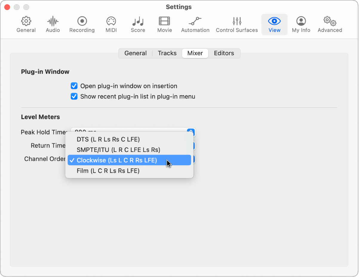 Figure. Mixer View Settings pane.