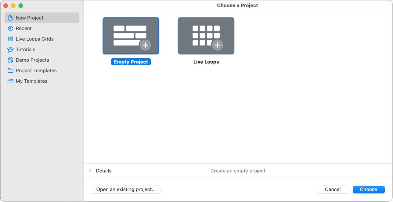 Figure. Project Chooser with Empty Project selected.