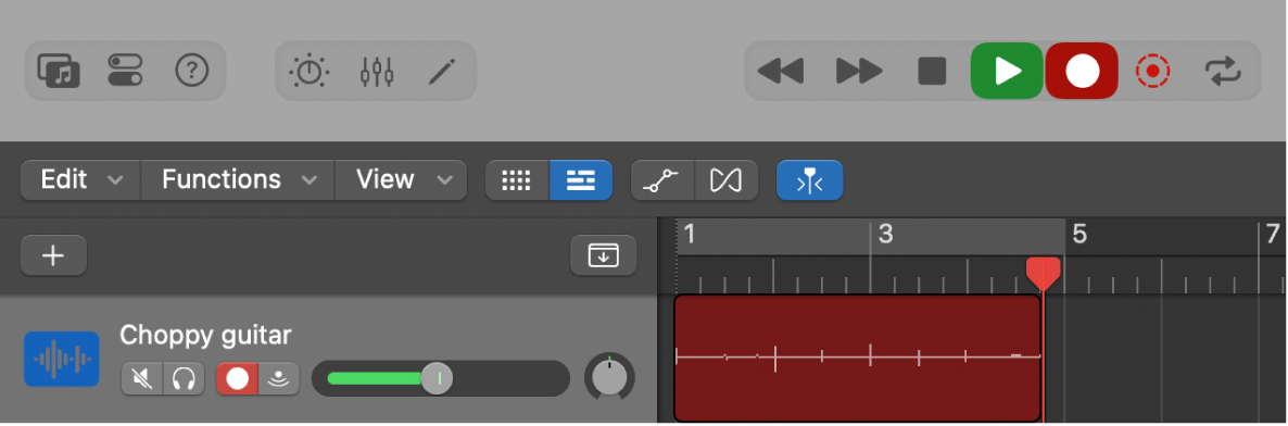 Figure. An audio track in the Tracks area, showing a new audio region being recorded.