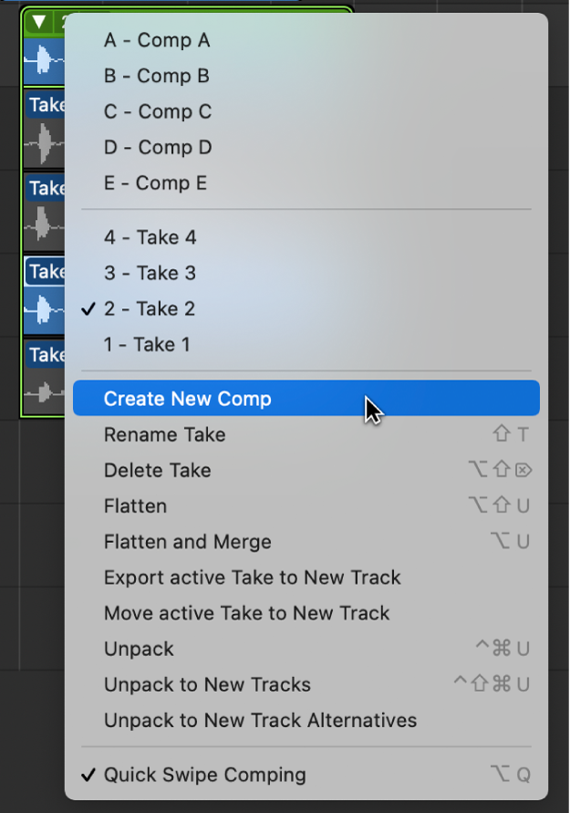 Figure. Choosing Create New Comp from the pop-up menu.