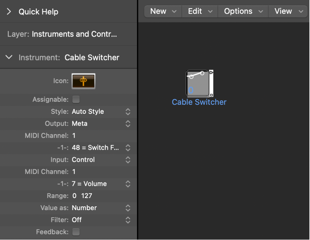 Figure. Environment window showing a cable switcher object and its inspector.