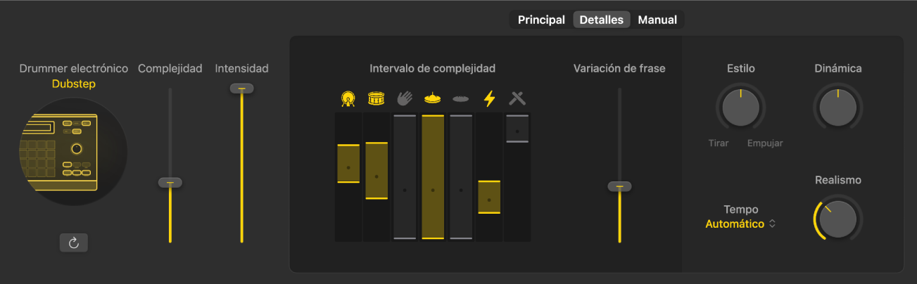 Ilustración. Editor de “Session Player” con la vista Detalles de “Electronic Drummer”.