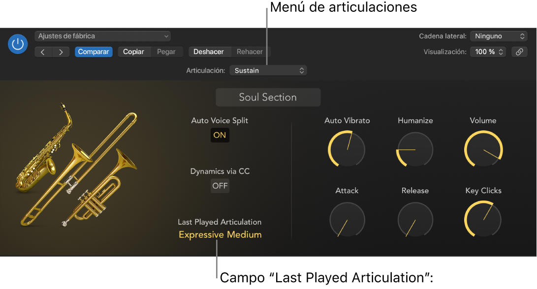 Ilustración. Instrumento de software con el menú Articulación y el campo “Última articulación reproducida”.