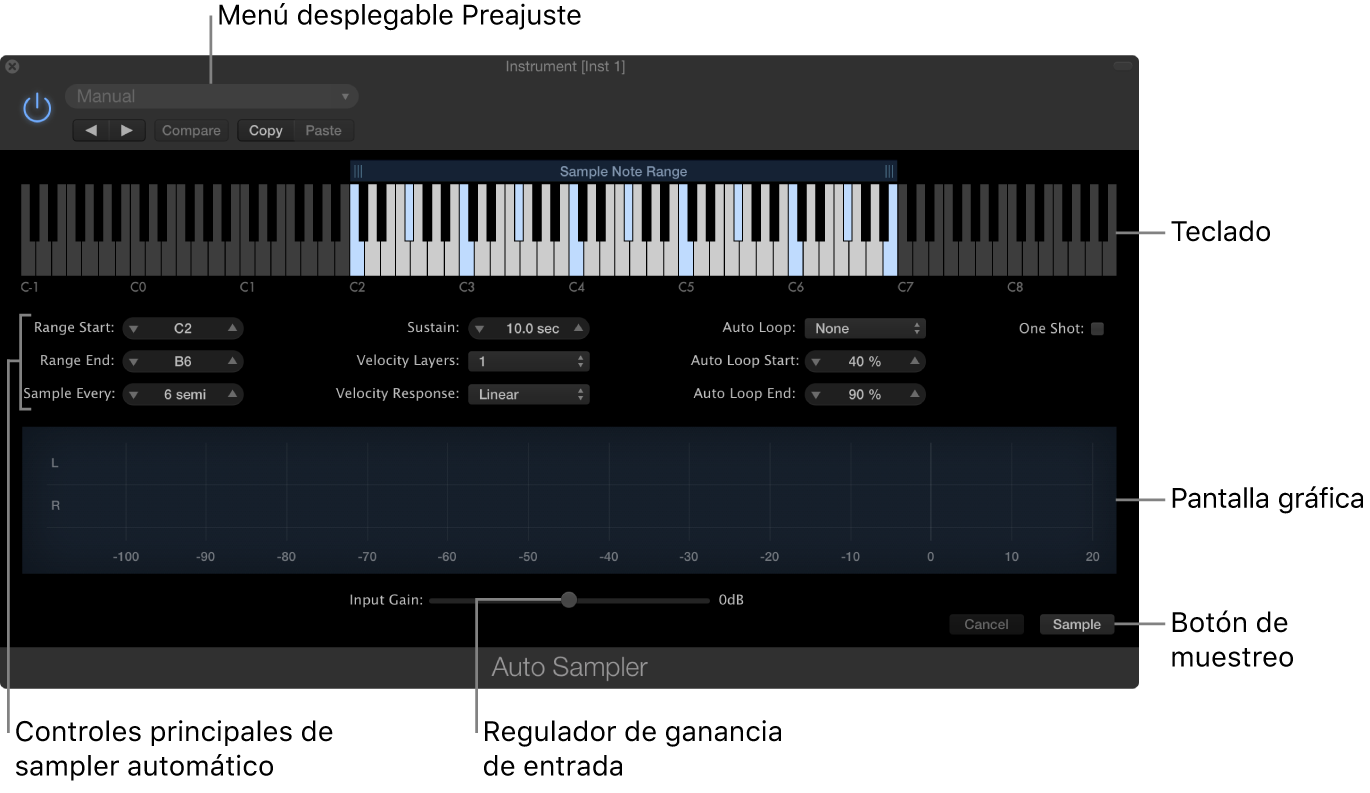 Ilustración. Ventana del módulo Auto Sampler con áreas y controles.