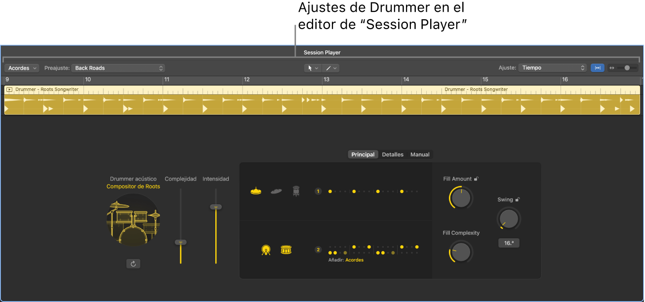 Ilustración. El editor Session Player con ajustes de Drummer.