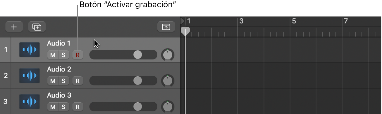 Ilustración. Selección de la cabecera de una pista de audio con el botón “Activar grabación”.