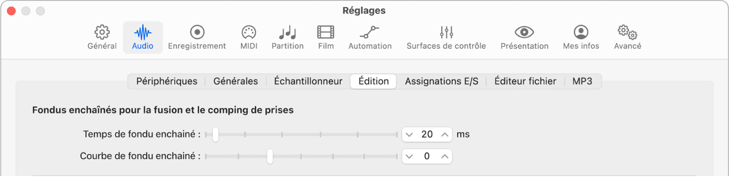 Figure. Réglages d’édition audio montrant les paramètres de fondu.