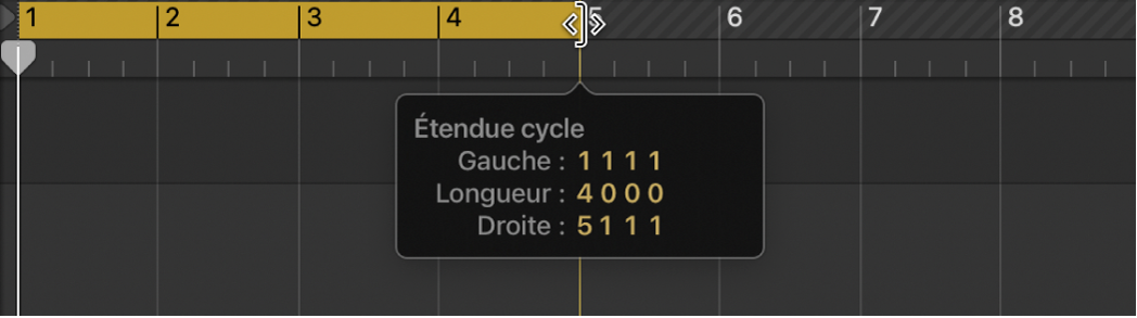 Figure. Glissement du locator de droite. La bulle d’aide affiche la plage de lecture en bouche et la durée du cycle.