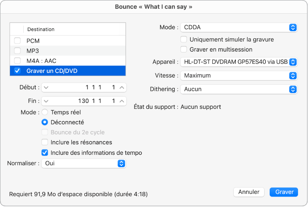 Figure. Options de gravure dans la fenêtre Bounce.