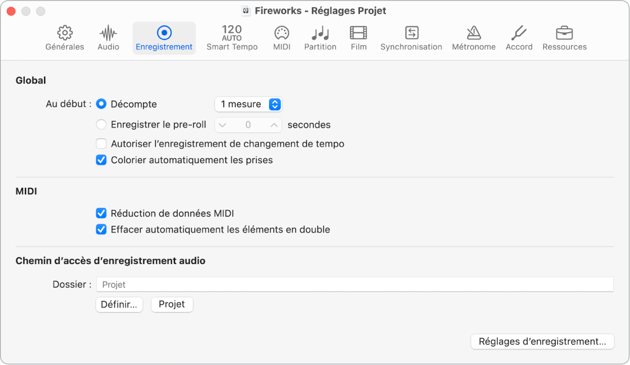 Figure. Réglages d’enregistrement du projet.