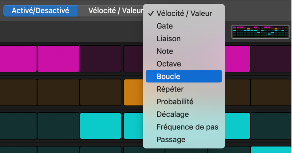 Sélecteur du mode d’édition du séquenceur pas à pas montrant les différents modes.