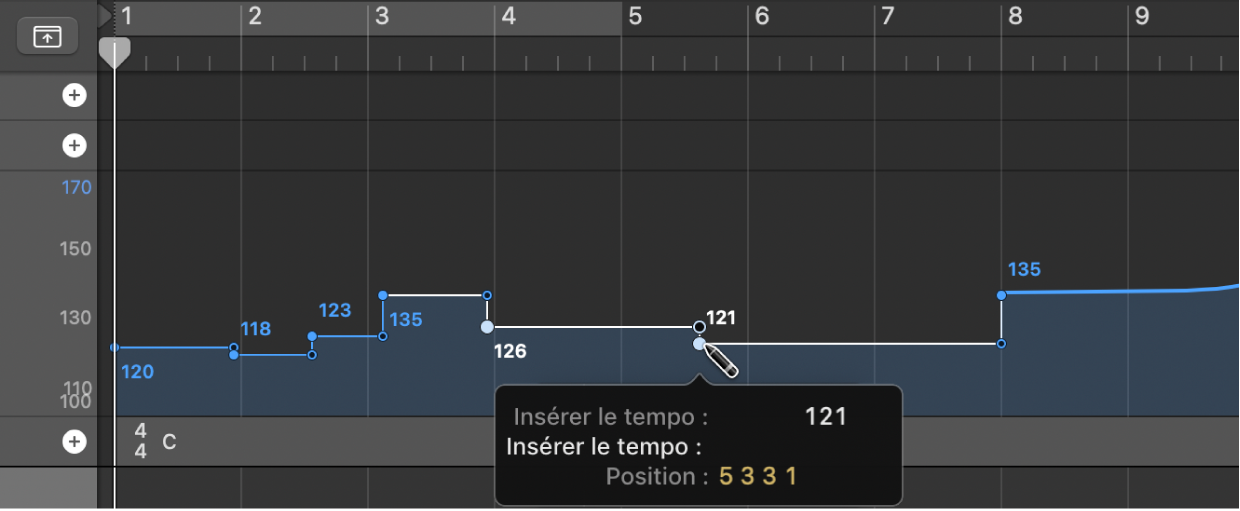 Figure. Insertion d’un évènement de changement de tempo à l’aide de l’outil Crayon.