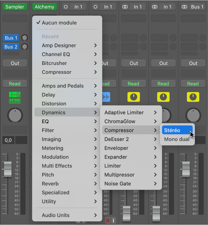 Figure. Choix d’un effet audio dans le menu local.