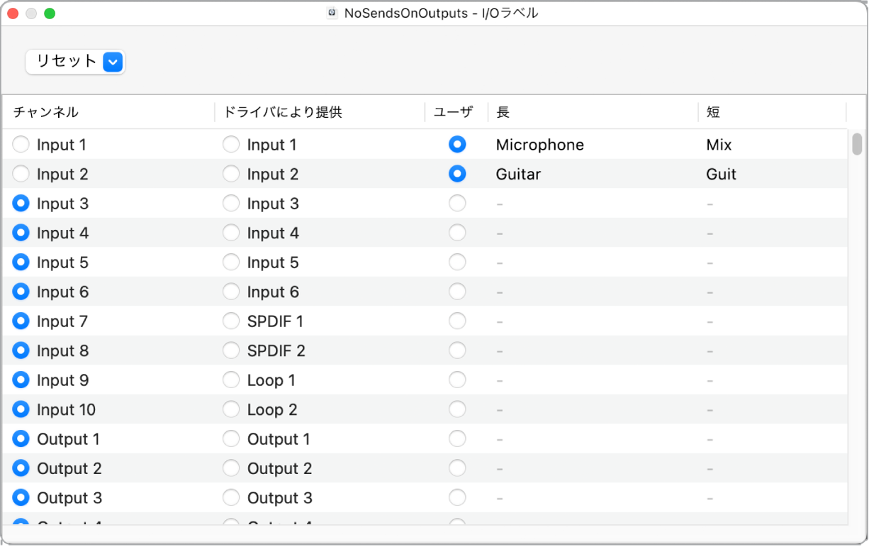 図。「I/Oラベル」ウインドウ。