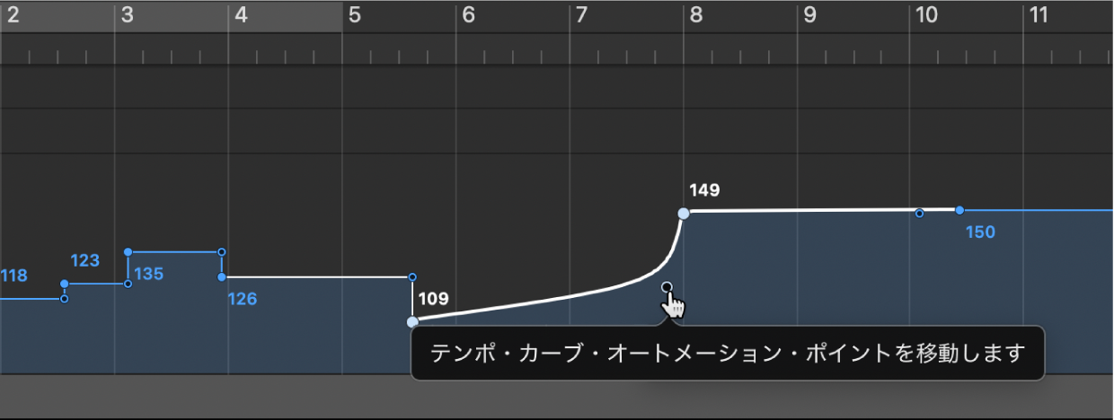 図。直角の頂点をドラッグしてテンポカーブを作成中。