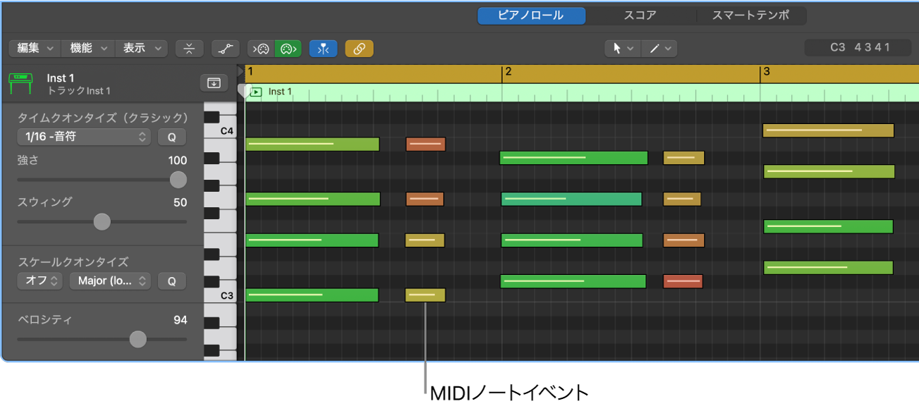 図。ピアノロールエディタ。MIDIノートイベントを指しています。