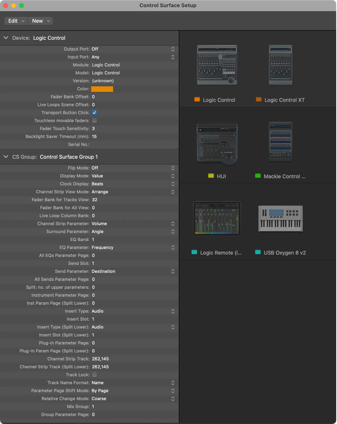 Logic Pro Control Surface Setup window with multiple control surfaces.