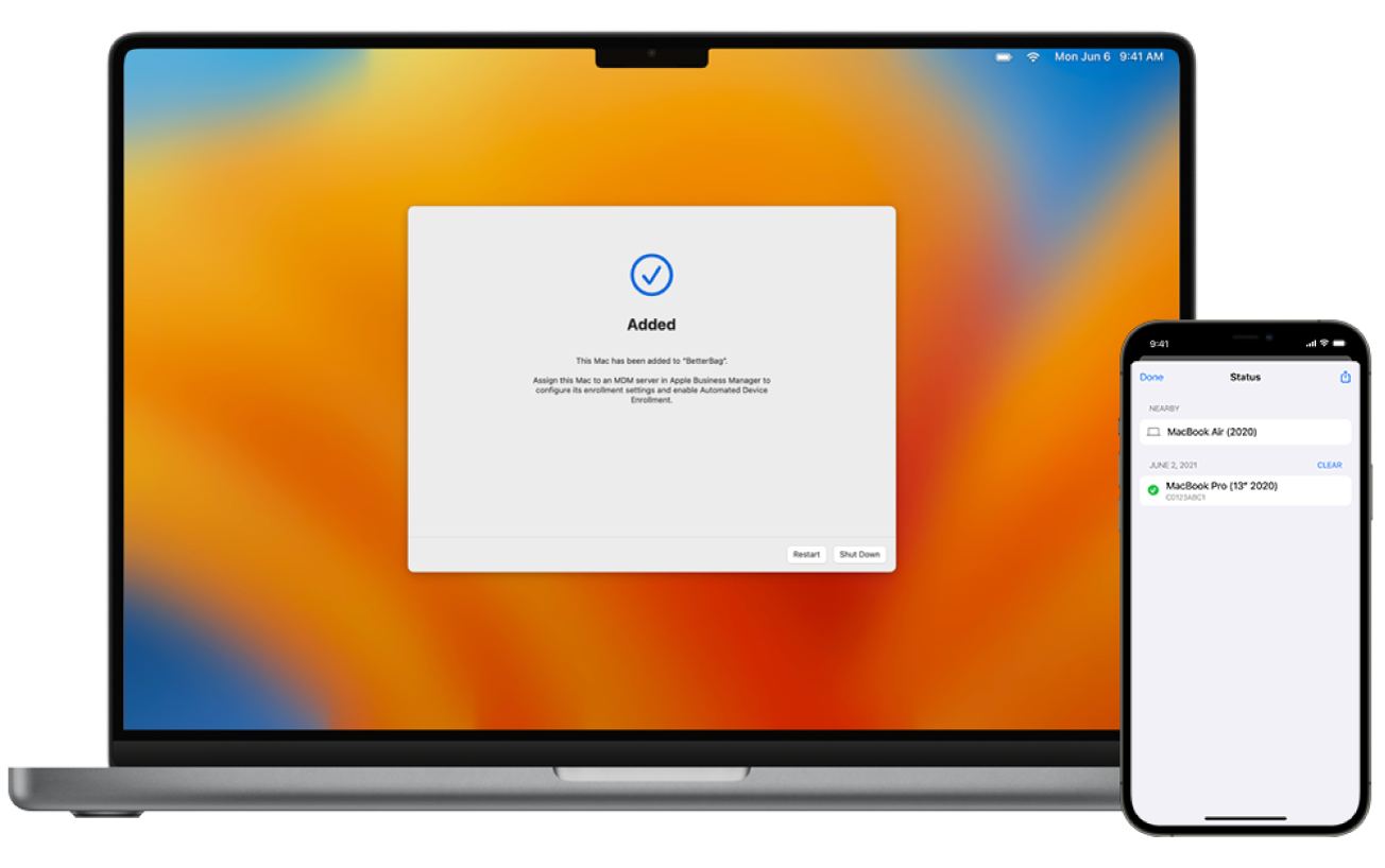 A Mac showing it has been successfully assigned and an iPhone showing Apple Configurator with the assignment.