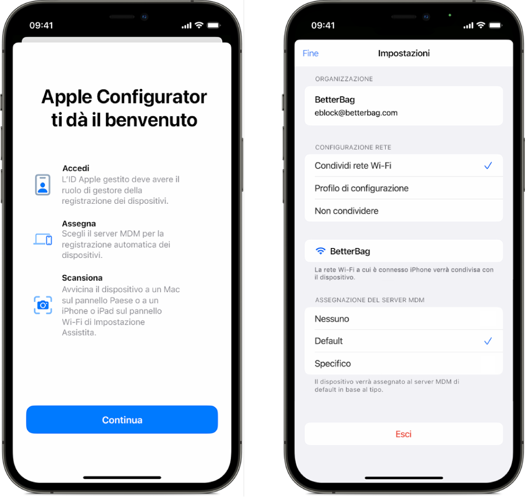 Apple Configurator per iPhone mostra due schermate, la prima è la schermata principale che presenta la finestra di benvenuto e la seconda presenta il server MDM predefinito selezionato come assegnazione automatica dei dispositivi.