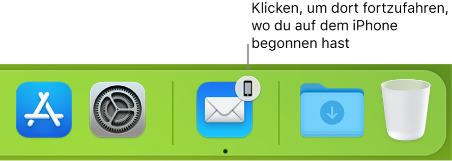 Das Handoff-Symbol ist im Dock sichtbar.