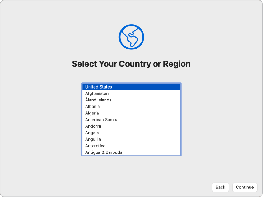 A screen in Setup Assistant showing options to select a user’s country or region.