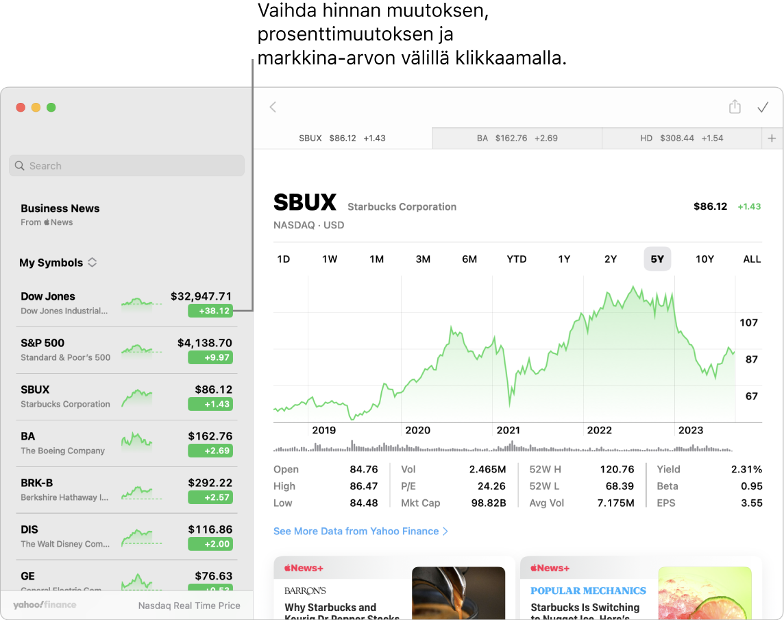 Pörssi-näyttö, jossa näkyy valittuun osakkeeseen liittyviä tietoja ja artikkeleita sekä selite, jossa kehotetaan klikkaamaan kurssimuutoksen, prosentuaalisen muutoksen ja pörssiarvon välillä selaamista varten.