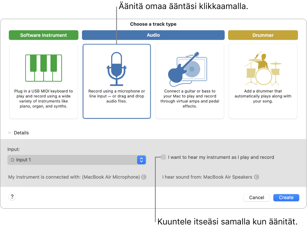 GarageBandin instrumenttipaneeli, jossa näkyy, missä klikata äänen tallentamista varten ja miten kuulet oman äänesi äänityksen aikana.