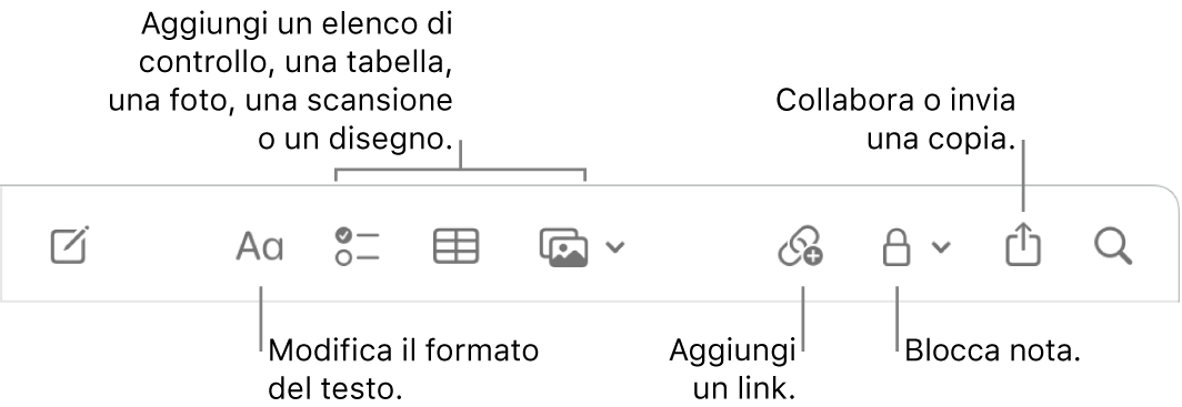 La barra strumenti di Note con didascalie per gli strumenti formato di testo, elenco di controllo, tabella, link, foto/media, blocco, condivisione e invio di una copia.