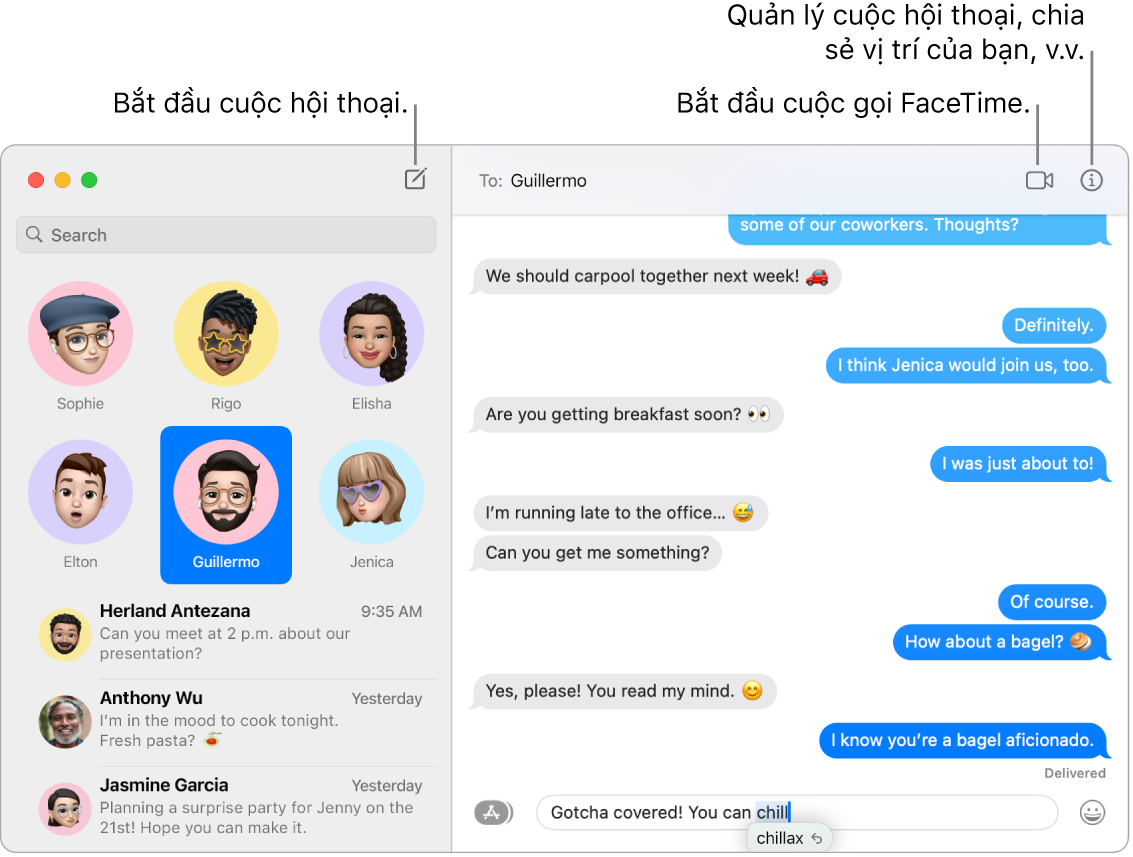 Một cửa sổ Tin nhắn đang minh họa cách bắt đầu một cuộc hội thoại và cách bắt đầu cuộc gọi FaceTime.