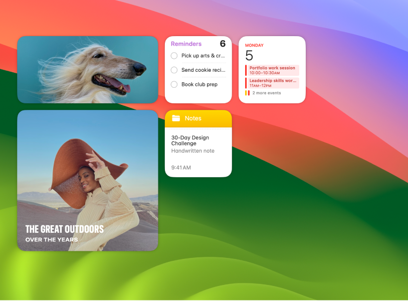 Mac 桌面上的两个“照片”小组件以及一个提醒事项小组件。